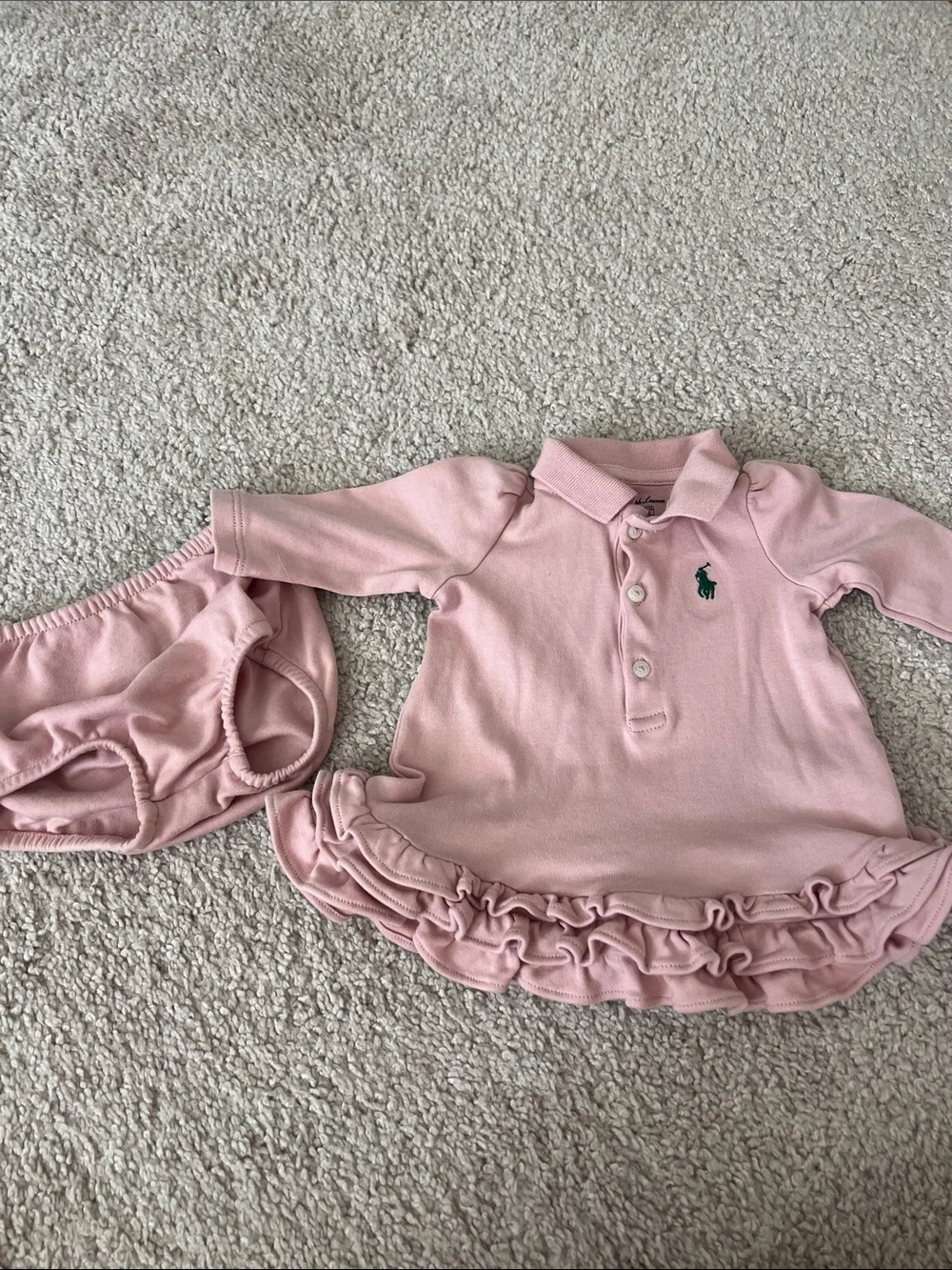 Ralph Lauren Baby Pink Polo Dress with Ruffle Hem and Bloomer